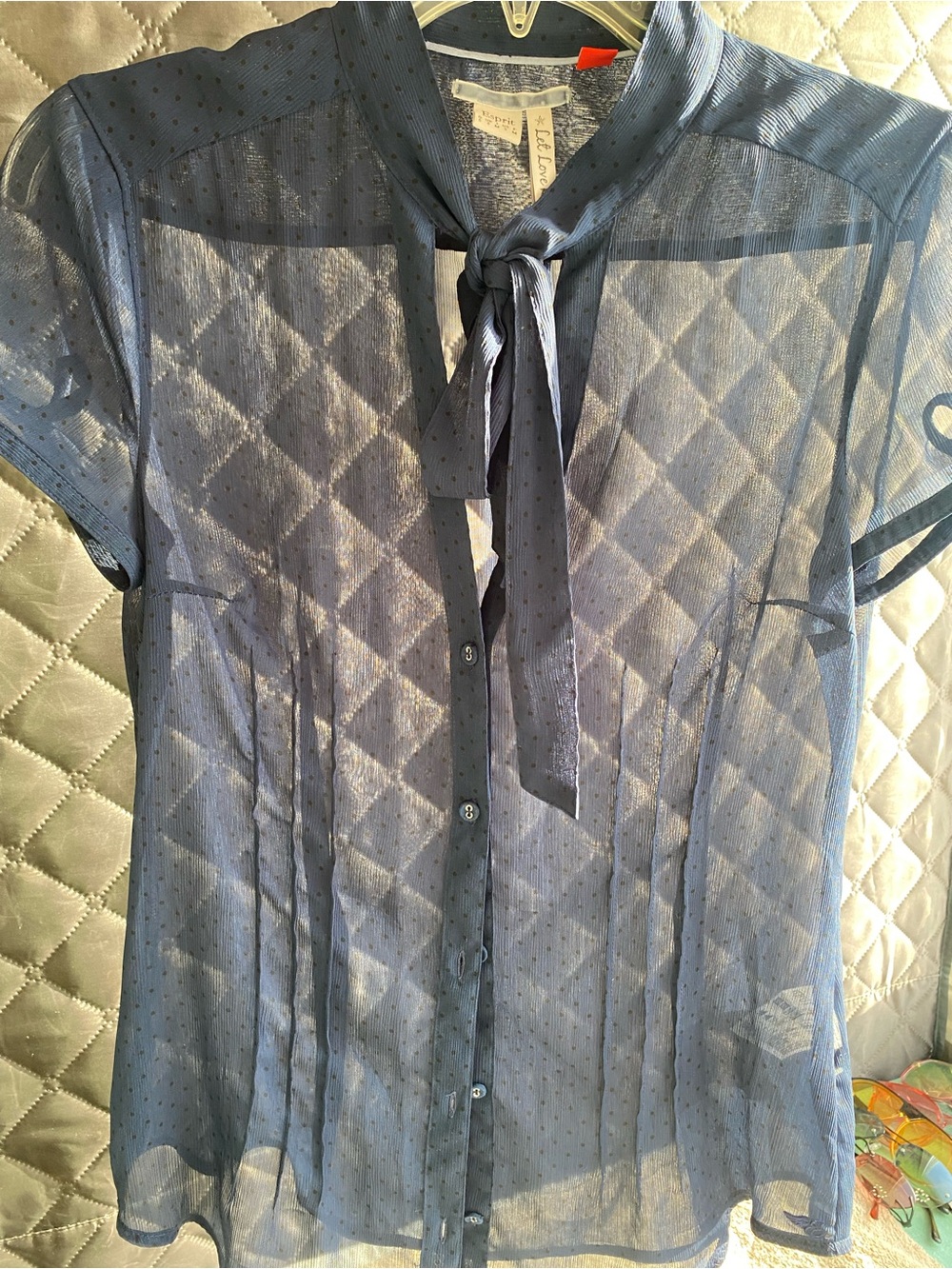 Vintage Esprit Sheer Navy Blue Polka Dot Bow Blouse Top Y2K Mesh S